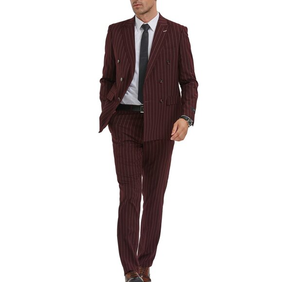 Burgundy Pinstripe Double Breasted Peak Lapel Skinny Fit Men's Suit